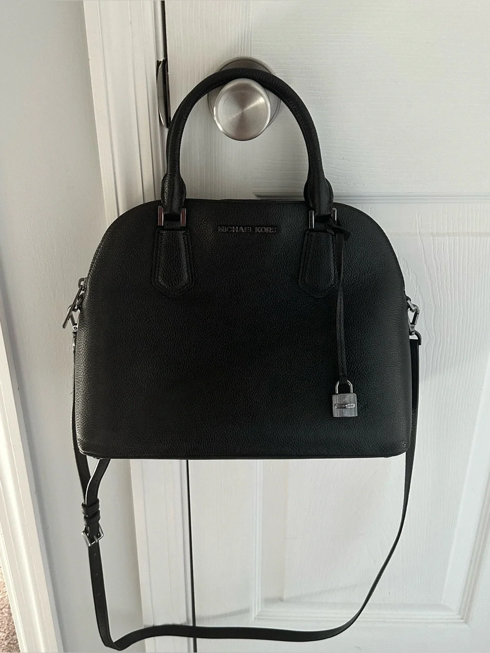 Michael Kors Black Pebbled Leather Satchel with Lock Charm